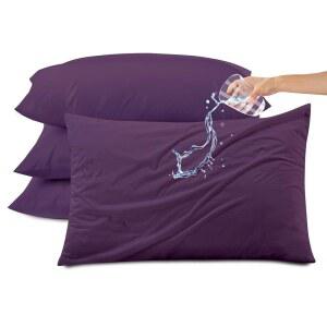 킹레스트 방수 및 무소음 베개 보호대(표준, 4팩, 보라색), 지퍼가 달린 통기성 커버, 세탁기 사용 가능한 수납