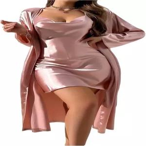 솔리 헉스 여성 새틴 파자마 세트 카울 넥 실크 잠옷 슬립 카미 드레스 벨트 로브