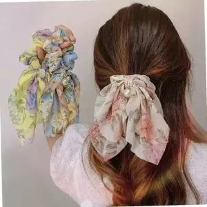꽃무늬 쉬폰 헤어밴드 머리끈 진주 스카프 헤어슈슈