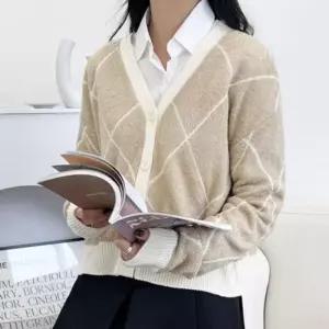 [라일리여성의류] Rly 여성용 우먼 체크패턴 니트가디건 브이칼라 롱티