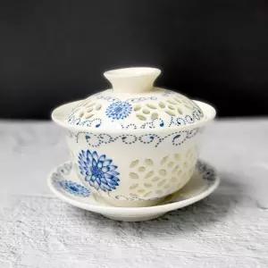 청화백자 투각 태양화 개완 개합잔 찻잔 다기잔 140ml 다기 뚜껑찻잔 중국찻잔 티포트