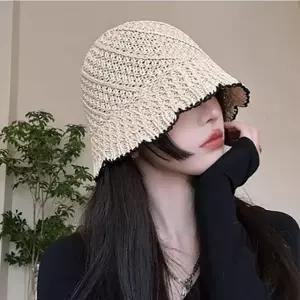 물결 배색 밀짚 벙거지 여성 모자 버킷햇 휴가 왕골 지사 여자 자외선 차단 가벼운 여름