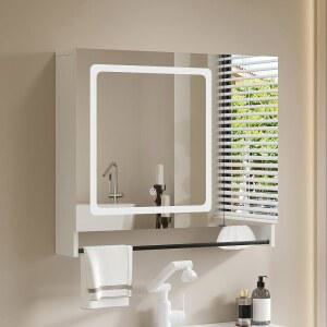 거울이 있는 추추 욕실 약장, LED 조명이 모던 미러 캐비닛, 조절 가능한 선반이 벽 수건 바, 흰색