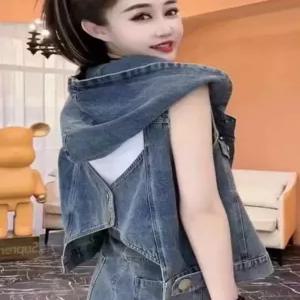 청조끼 여성 후드 청베스트 탈부착 간절기 데님 조끼