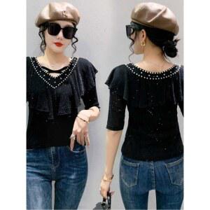 반팔티셔츠 진주 스팽클 패션 셔츠 진주비즈 특이한반팔티 탈부착 리본 시스루티셔츠
