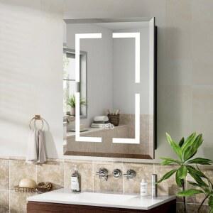 거울이 있는 YuePUIIHUI 16X24인치 욕실 약장, 조절 가능한 3색 밝기 디밍 LED 거울 캐비닛 오목 또는 벽걸이, 조명이 검은색 디포거