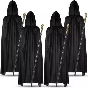 벨미튼 4종 할로윈 마법사 코스튬 세트 긴 후드 블랙 망토 금색 워킹 지팡이 케이프 가면극 코스프레