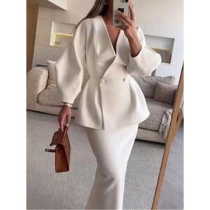 여성용 우아한 코트 스커트 세트 슬림 브이넥 랜턴 슬리브 재킷 상의 미디 정장 사무실 시크 의상