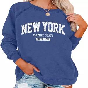 Vdnerjg 여성 뉴욕 레터 프린트 스웨트셔츠 크루넥 긴팔 캐주얼 루즈핏 풀오버 셔츠