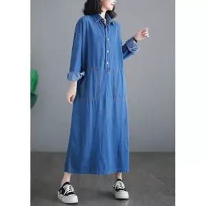 더사바 반오픈 셔츠 데님 롱원피스 캐주얼 오버핏 청원피스