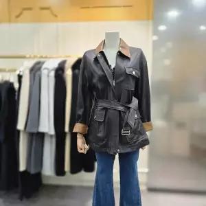 [에고이스트]카라 배색 벨티드 중기장 레더 자켓 ER1LJ261BK_CA