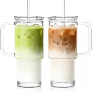 손잡이와 뚜껑이 있는 INSETLAN 26oz 유리 텀블러 - 빨대가 달린 2팩 대형 스 커피 컵 차갑고 뜨거운