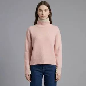 [샵앤] 여성 터틀넥 이중배색 폴라 소매단추 니트 티셔츠 BOM-WKN-21005