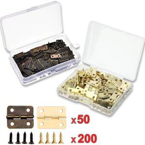 50피스 경첩 + 200 나사 철 황금/골동품 청동 4 구멍 내구성 가구 하드웨어 16x13mm 미니 소형 둥근 장식