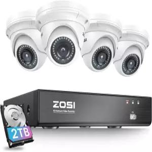 2TB 하드 드라이브가 장착된 ZOSI 8CH 4K PoE 카메라 시스템 4pcs 3K 5MP 실외 IP 돔 야간 시야 모션 알림