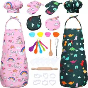 요리 및 베이킹 셰프 세트 2개의 앞치마(핑크 그린) 모자 액세서리 완성 드레스 업 커리어 롤플레이 코스튬