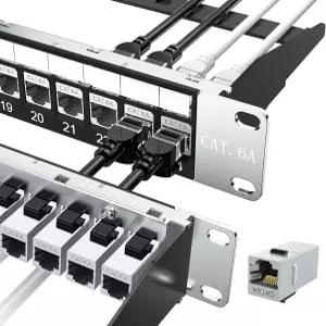 Jadaol [UL 목록] 24포트 차폐 Cat6A 패치 패널 19인치 1U 랙마운트/월 마운트 피드스루 RJ45 24개의 사전