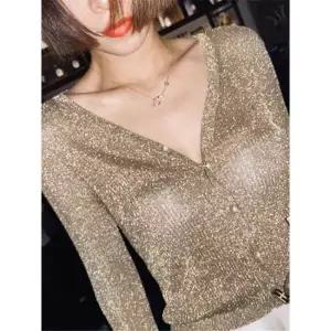 병원가디건 간호사 2025 진주 단추 여성의 밝은 실크 얇은 스웨터 코트 섹시한 v 넥 니트 탑 골드와 실버