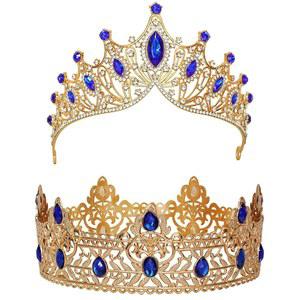 로타딜로 2 PCS 왕과 왕비 왕관 세트 남성용 블루 티아라 프롬 왕실 의상 공주 결혼식 크리스마스 파티 장식 생일 머리 코스프레 액세서리