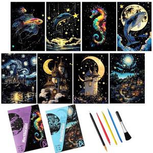 8장 스크래치 아트 야광 무지개 스크래치 종이 공책 페인트 바이 스크래치 키트 스크래치 아트 도구 앤 애니멀 선물