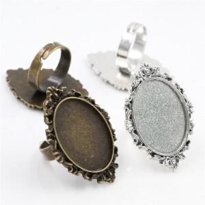 18x25mm 5pcs 골동품 청동과 실버 도금 황동 타원형 조절 링 설정 공백자료 적합 유리 카보 숑