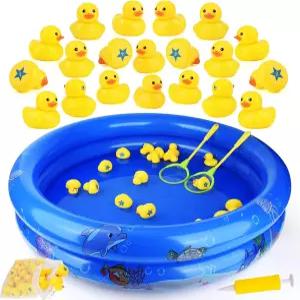 용 오리 매칭 게임 장난감 - 숫자가 있는 20개의 플라스틱 34인치 x 7인치 키디 풀 보관 가방 2개의 그물