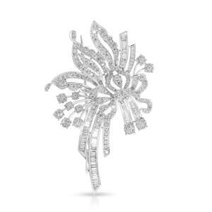화이트 골드 도금 925 스털링 실버 다이아몬드 플로럴 리본 브로치 핀 u2013 2.22 CT 내추럴 | 럭셔리 스테이트먼트 브로치(I2 / I3 클리어런스 & I J 컬러)