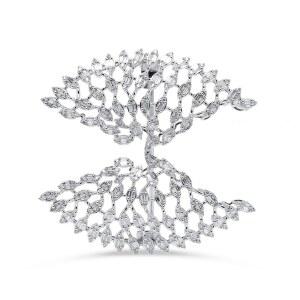 화이트 골드 도금 925 스털링 실버 다이아몬드 오픈워크 격자 브로치 핀 u2013 우아한 이중 팬 디자인 | 럭셔리 스테이트먼트 (I /J 컬러 & I2 / I3 클리어런스)