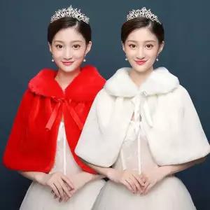 화이트 여성용 겨울 두꺼운 플러시 랩 숄 팔꿈치 길이 웨딩 신부용 숄 케이프 재킷 레이스업 리본 포함