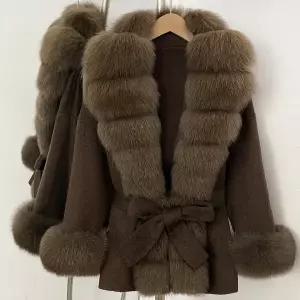 리얼리티 퍼 재킷 여성용 천연 여우털 커프스 겨울 의류 여성용 리얼 퍼 울 재킷 울 코트 벨트 포함