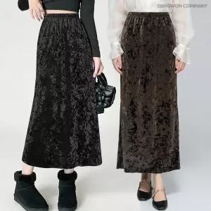 이너퀸 프리수 여성용 겨울 벨벳 벨로아 H라인 겉 기모 융 스판 트임 밴딩 고무줄 광택 롱 스커트 치마 빅사이즈 벨로아롱스커트