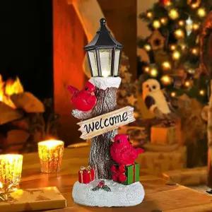 PTUANZRIT 레드 카디널 커플 피규어와 웰컴 사인이 있는 크리스마스 장식품 등대 피규어 버드 배터리 작동