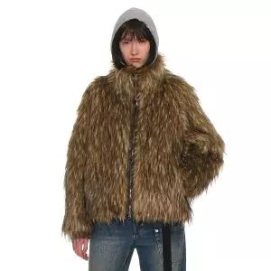 PARTIMENTO WOMEN 하이넥 퍼 집업 자켓_믹스 브라운