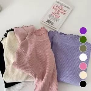 세미터틀 넥라인 프릴레이스 스판 고급스러운 걸스 클래식 세로패턴 티탑스웨트 슬리브리스