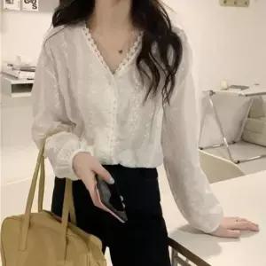 V넥 클래식프릴레이스 메쉬 셔츠