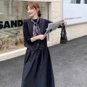 루타꽁몰 여성 정장세트 가을 빈티지 진청 스커트 레이어드 데님 조끼 카디건 3종 세트 HO3