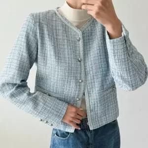[하프클럽/옷자락]여자 봄 간절기 하객룩 트위드 노카라 버튼 크롭 자켓