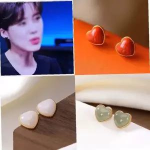 복숭아 하트 원석 청금석 청옥 백옥 S925상감 귀걸이