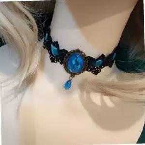 북유럽 목걸이 보석 초커 벨벳 블루 레이스