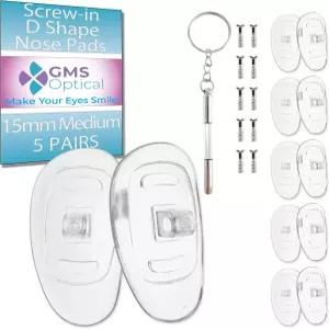 GMS 광학 D자형 나사 삽입 소프트 실리콘 안경 코 패드 - 및 드라이버가 포함된 수리 키트 안경용 미끄럼