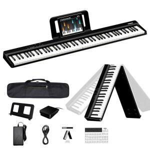 테렌스 디지털 피아노 88 키 가중 키보드, 4개 유닛 스피커 시스템, 음악 스탠드, 서스테인 페달이 있는 풀사이즈 접이식 초보자를 위한 휴대용 선물 교육
