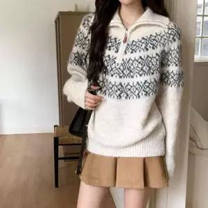 [다잇템] 여자 노르딕 하프집업 스웨터 폴라넥 스노우 롱슬리브 티셔츠