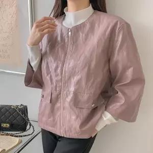 [옷자락] 여성 퀼팅 가죽 노카라 팔부 스트링 봄 집업 자켓