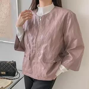 [옷자락]여성 퀼팅 가죽 노카라 팔부 스트링 봄 집업 자켓