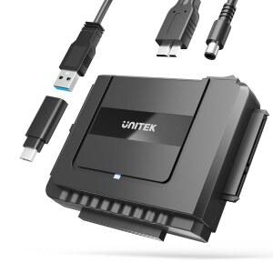 Unek USB C에서 SATA IDE 어댑터 - 커넥터 및 12V/2A 전원 어댑터가 포함된 범용 2.5/3.5인치 HDD/SSD 하드 드라이브 디스크, DVD-ROM/CD-RW용 외장 변환 키트