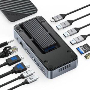 ORICO 12-in-1 USB C 허브(M.2 SSD 인클로저 포함) 10Gbps, 내장 팬, HDMI, DP, 기가비트 이더넷, 100W PD, SD /TF, 오디오 /Mic, A 및 타입 C가 포함된 노트북 Mac-M2P11