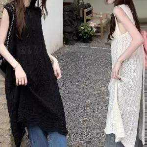 M97 여성 내추럴 펀칭 짜임 여름 레이어드 롱 조끼 여