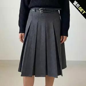 [올리비에스클로젯] [55-66]벨트 플리츠 미디스커트_O2601SK001A
