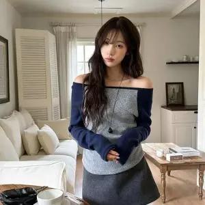 [하프클럽/옷자락]여자 나그랑 보트넥 긴팔 배색 셔링 티셔츠