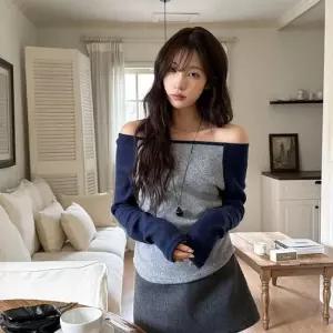 여자 나그랑 보트넥 긴팔 배색 셔링 티셔츠